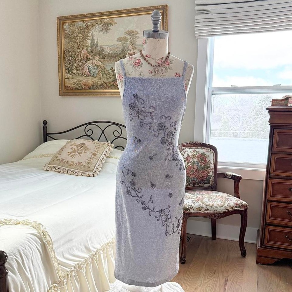 Beaded floral fairy dress  y2k scene silver shimmer floral midi‎ dress size 11